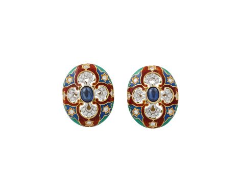 Ohrclips mit polychromem Email, Brillanten von zus. ca. 0,056 ct, gute Farbe und Reinheit (2x leicht beschädigt) und 2 ovale 