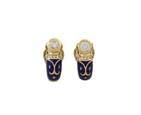 FABERGÉ BY VICTOR MAYER Ohrringe mit Brillanten zus. ca. 0,8 ct, ca. FW (F-G)/VVS und blauem Email, GG 18K, 11 g, 1,9x0,8 cm,