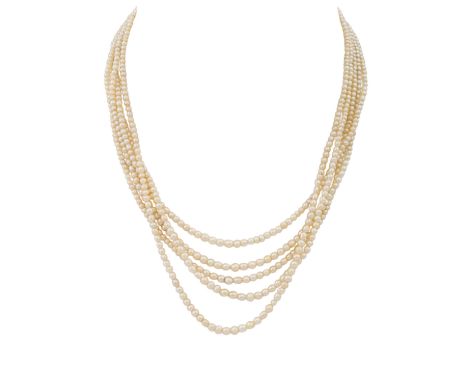Perlcollier, 5-reihig, tlw. Naturperlen und Zuchtperlen, Schließe mit Diamanten im Alt- und Achtkantschliff,  WG 8K, 30,8 g, 