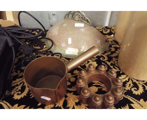 An early copper pate mould and a later copper saucepan, along with an Art Deco wall light
