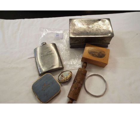 A mixed selection to include a Mauchline ware box depicting Hastings Pier, pewter casket with dragon decoration, hip flask, h