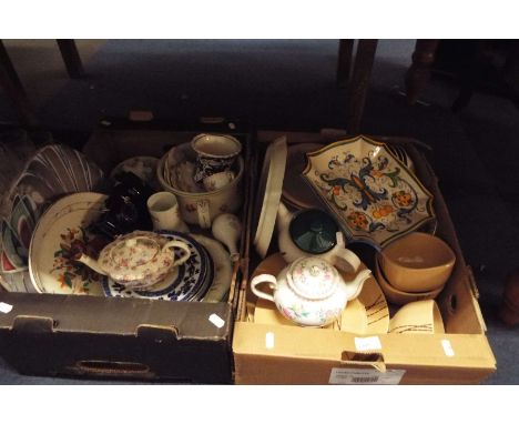 Two boxes of assorted china to include Denby 'Wheatsheaf' teapot, bud vase, plates and inkwell etc