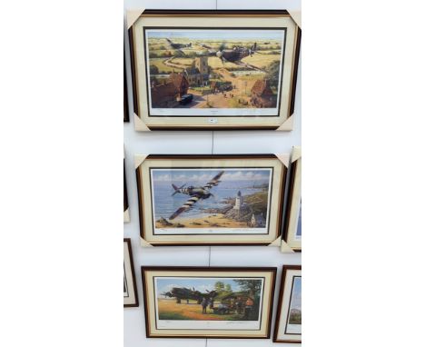 Three colour prints of military aviation interest to include 'Typhoon', 'Squadron Salute' &amp; 'Halifax', all hand-signed &a
