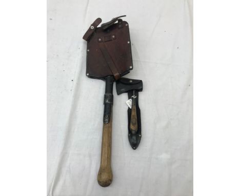 A Hitler Youth axe/multi-tool; together with a leather-bound military spade : leather marked 'Otto Grogg Kappel'