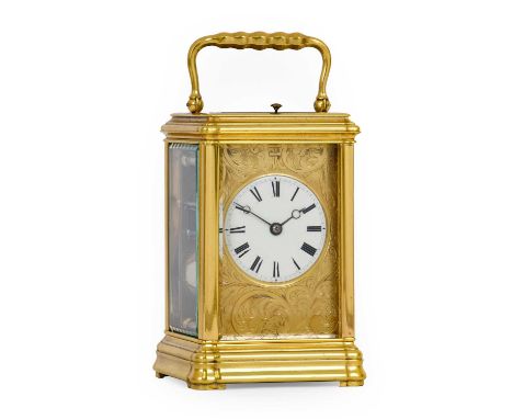 A Brass Strike and Repeat Carriage Clock, circa 1890, carrying handle, repeat button, enamel dial with scroll engraved dial m