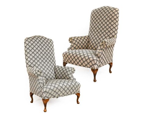 G &amp; M Lawrence Furnishings: A Pair of Bespoke High-Back Upholstered Armchairs, modern, covered in light-grey geometric fa