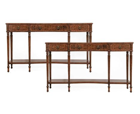 Jonathan Charles: A Pair of Modern 18th Century Style Walnut and Seaweed Marquetry Console Tables, of moulded convex form wit