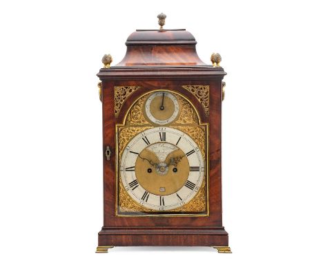 A Mahogany Striking Alarm Table Clock, signed Chas Broomhall, London, circa 1780, inverted bell top pediment, acorn finials, 