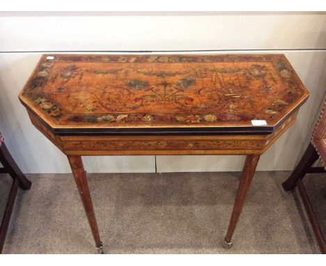 A George III Satinwood and Painted Card Table, early 18th century, of rectangular canted form, enclosing a baize lined interi