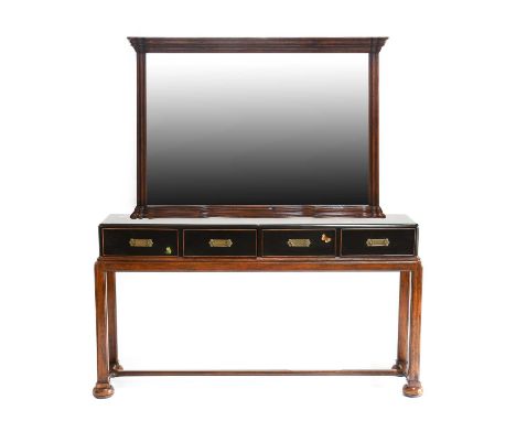 Jonathan Charles: A Reproduction Hardwood and Ebonised Butterfly Console Table and Mirror, the bevelled glass plate within a 