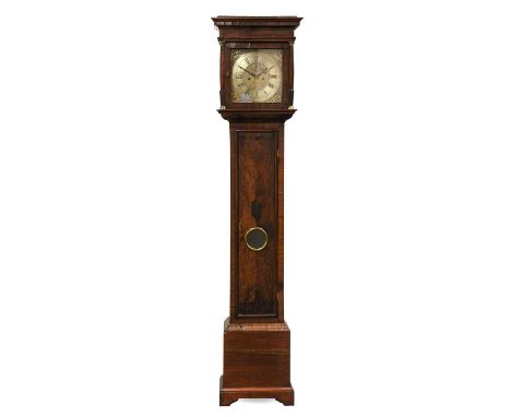 A Walnut Eight Day Longcase Clock, flat top pediment, trunk door with glass lenticle, 12-1/4-inch square brass dial, dial cen