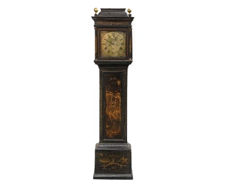 A Black Chinoiserie Eight Day Longcase Clock, signed G Penny, Wells, circa 1770, carry pediment, side viewing glass panels, t