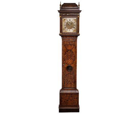 A Walnut Marquetry Eight Day Longcase Clock, signed Micha Shields, London, circa 1700, carry pediment, side glass panels, tru