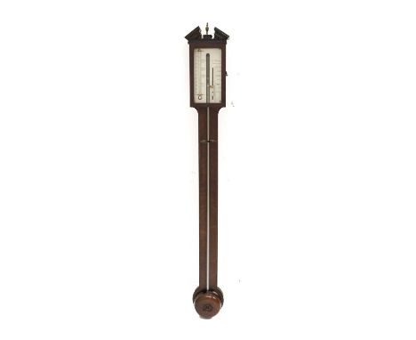 A Mahogany Stick Barometer, signed Thos Haynes, Stamford, circa 1800, broken arch pediment, exposed mercury tube, single vern