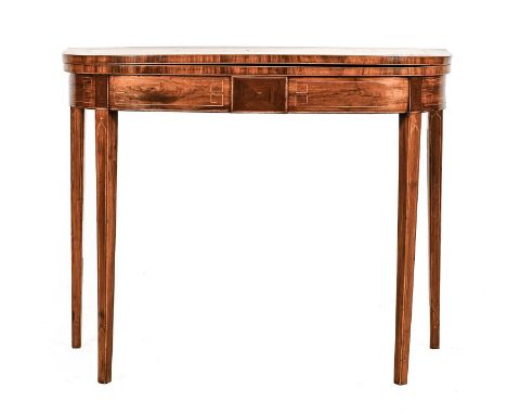 A George III Satinwood, Boxwood and Ebony-Strung D Shape Foldover Card Table, late 18th century, the hinged leaf enclosing a 