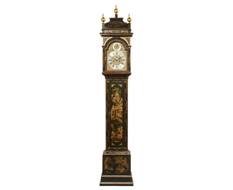 A Green Chinoiserie Eight Day Longcase Clock, signed Jno Hocker, Reading, circa 1740, caddied pediment, Oriental and floral d