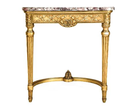 A Late 19th Century Carved Giltwood and Marble-Top Console Table, with original purple veined rectangular top above a carved 