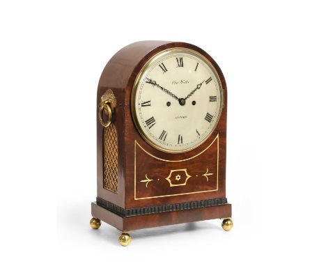 A Regency Mahogany Striking Table Clock, signed Chas Watts, Oxford, circa 1820, arched top case, side carrying handles and fi