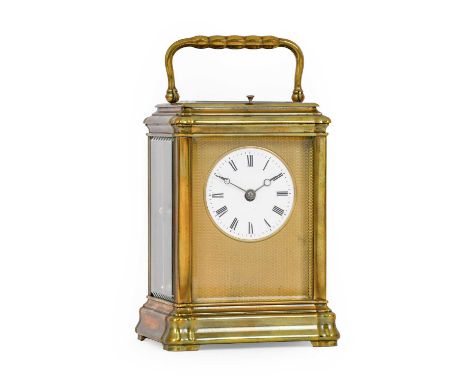 A Brass Strike and Repeat Carriage Clock, Brunelot, circa 1890, carrying handle and repeat button, enamel dial with Roman num