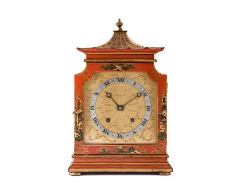 A Red Chinoiserie Striking Mantel Clock, retailed by Manoah Rhodes &amp; Sons Ltd, Bradford, 1920's, pagoda pediment, case si