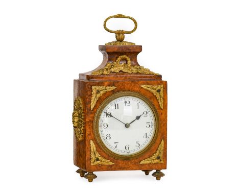 A French 19th Century Style Pendule d'Officier Timepiece, early 20th century, burr maple case with a top carrying handle, gil