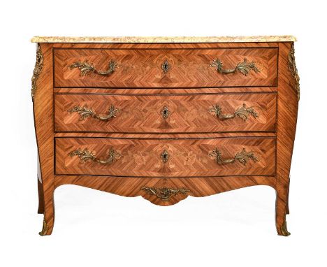 A French Kingwood and Marquetry-Inlaid Serpentine Shaped Commode, 20th century, in Louis XV style, the yellow and pink veined