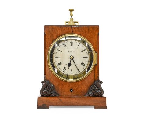 A Mahogany Night Watchman's Table Clock, signed Slark, circa 1850, case with carrying handle, side glass panels, carved flora