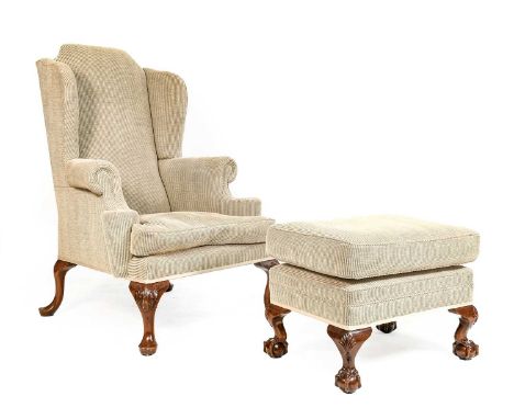 A George III Style Wing-Back Armchair, modern, covered in light grey striped corduroy, with outswept arms above a feather-fil