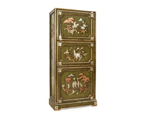 A 20th Century Chinese Style Green Painted Cocktail Cabinet or Cupboard, with three moulded panels richly inlaid with various