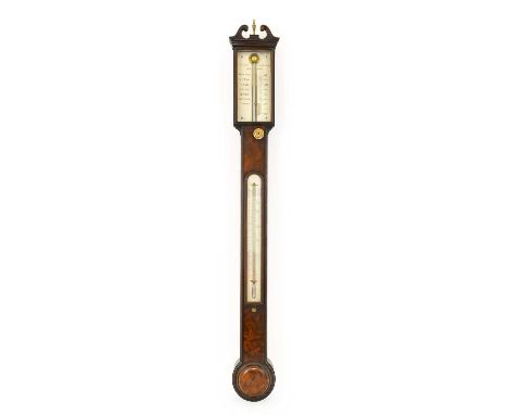 A Mahogany Stick Barometer, signed J.Smith, Royal Exchange, London, circa 1820, swan neck pediment, concealed mercury tube wi