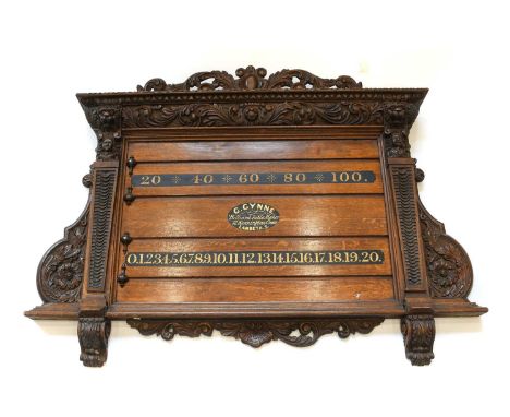 A Victorian Carved Oak Billiard Score Board, 3rd quater 19th century, labelled Gynne, Billiard Table Maker, 12 Kennerton Cros