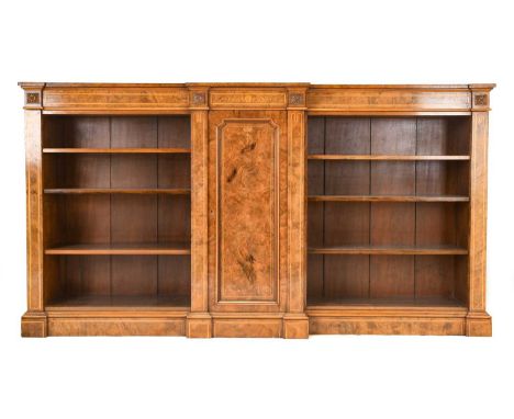 A Victorian Burr Walnut, Marquetry Inlaid and Crossbanded Breakfront Bookcase, circa 1870, the central moulded cupboard door 