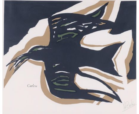 Kit Barker (1916-1988), limited edition silkscreen print on paper, Curlew (1969), poetry poster signed by the artist and the 