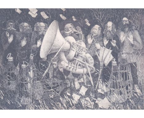 Nikolai Batakov (Russian), "vurtuosi" etching of musician, signed in pencil, 13.5cm x 10cm, framedGood condition with origina