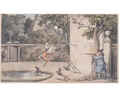 Thomas Rowlandson (1756-01827), etching with aquatint, with hand colouring, The Gallant’s Downfall, 13.5cm x 21cm, mounted, g