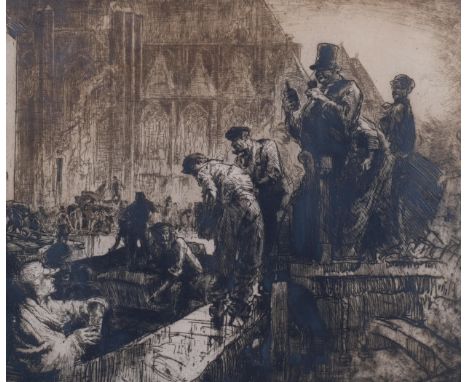 Sir Frank Brangwyn (1867 - 1956), unloading barges Ghent, etching, signed in pencil, plate 59cm x 68cm, framedSome staining a