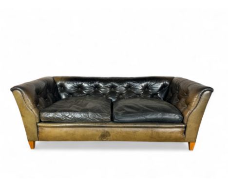 A vintage green / brown buttoned leather two-seater sofa, probably by Heals
Of Chesterfield form, the rectangular padded back