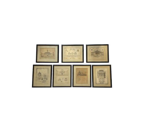 A set of seven large 19th century French architectural framed drawings by Jack Monod
Pencil pastel and ink wash on paper
Sign