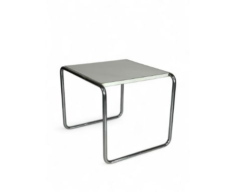 A vintage Marcel Breuer Laccio side table&nbsp;
The square melamine top on tubular polished chrome legs, 55cm wide, 48cm deep