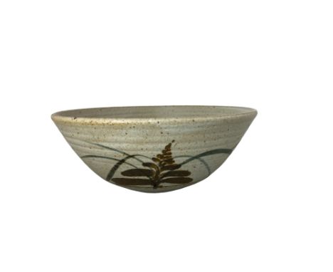 A large David Leach foxglove pattern studio pottery stoneware bowl
The brown and blue /grey decoration depicting a stylised f