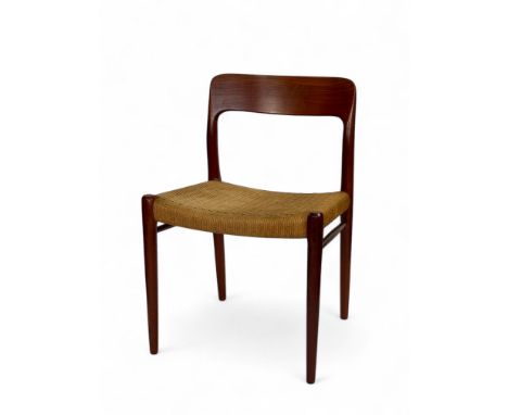 A set of six vintage Danish Model 75 teak dining chairs by Niels O.M&oslash;ller
The curved top-rails above rectangular woven