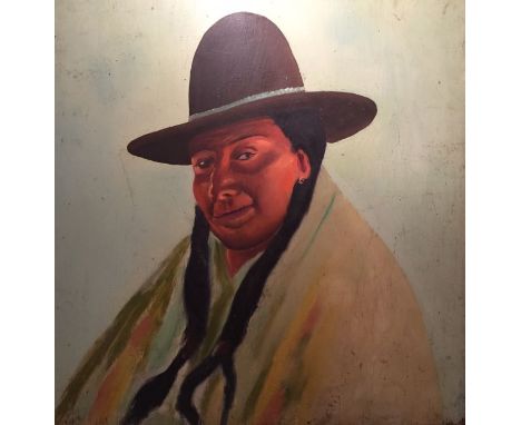 Continental School, 20th century, portrait of a lady with pony tails and hat, oil on board 78cm x 76cm. Condition: as found