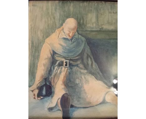 English school, oak framed 1913 watercolour, signed upper right Tom Prout 1913. Depicting a possibly drunk monk! Lovely item.