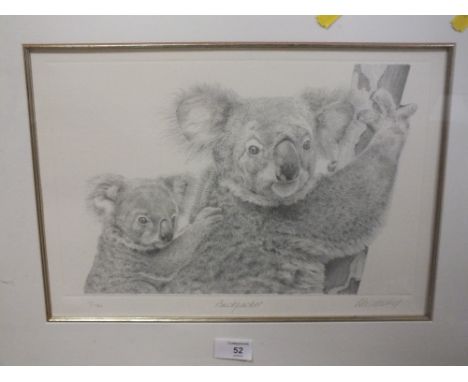 A FRAMED AND GLAZED SIGNED LIMITED EDITION PRINT DEPICTING KOALAS ENTITLED 'BACKPACKERS' BY PETER HILDICK 11/750