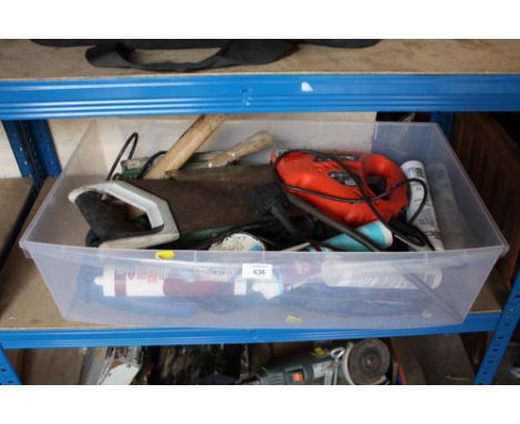 A BOX OF SAWS, SANDER, ANGLE GRINDER ETC