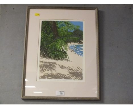 A FRAMED AND GLAZED SIGNED LIMITED EDITION BLOCK PRINT ENTITLED 'SECLUDED BEACH, TOBAGO' BY LOUISE WILLIAMS 