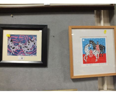 A FRAMED AND GLAZED BLOCK PRINT OF DALMATIONS TOGETHER WITH A SIGNED LIZ WILDE PRINT ENTITLED 'GIFT HORSES'