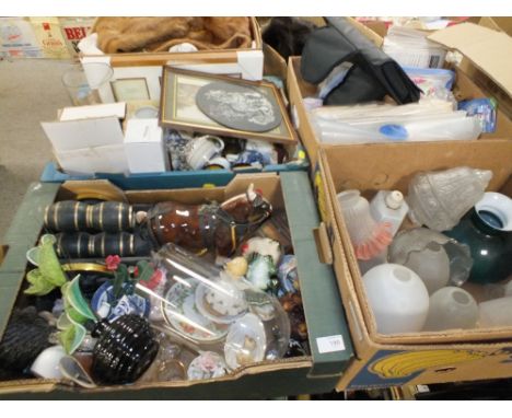 THREE TRAYS OF ASSORTED SUNDRIES TO INCLUDE A CERAMIC HORSE AND CART FIGURE