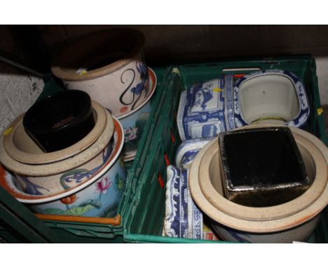 A LARGE QUANTITY OF CERAMIC AND STONE PLANT POTS AND A JARDINAIRE