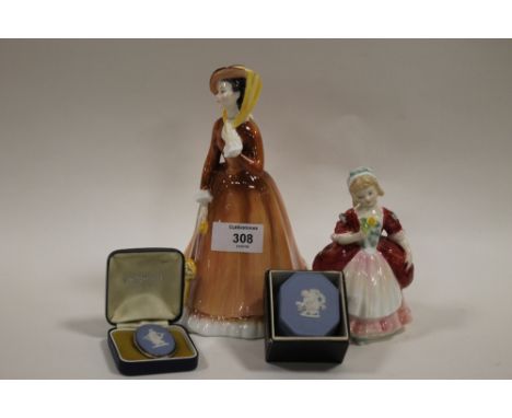 A ROYAL DOULTON JULIA FIGURE HN2705 TOGETHER WITH VALERIE HN2107 TOGETHER WITH A WEDGWOOD JASPERWARE BROOCH AND TRINKET BOX